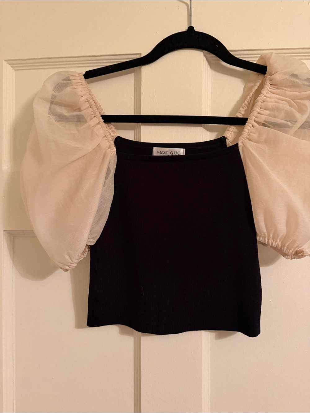 vestique Black Crop Top with Puff Cream Sleeves